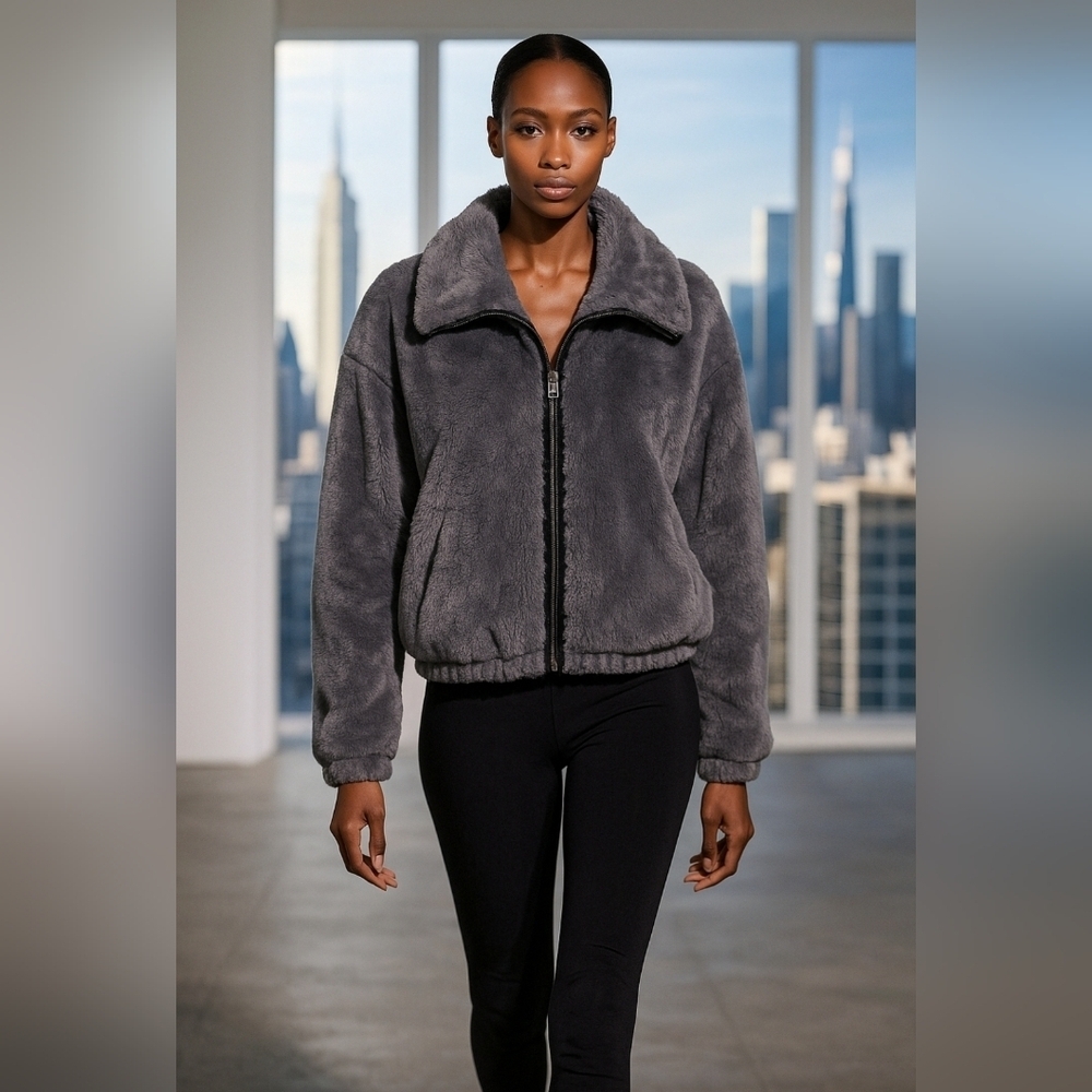 Anthropologie Siz M Bristol Faux Fur Jacket Blue Polyester Full Zip Soft Feel BI